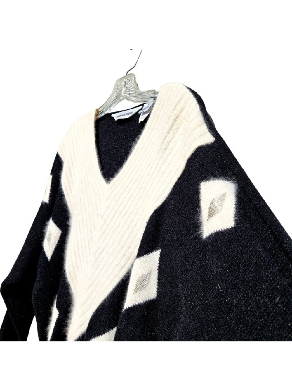 John Richard 80s Angora Beaded Diamond Sweater Black Ivory M - Picture 8 of 9